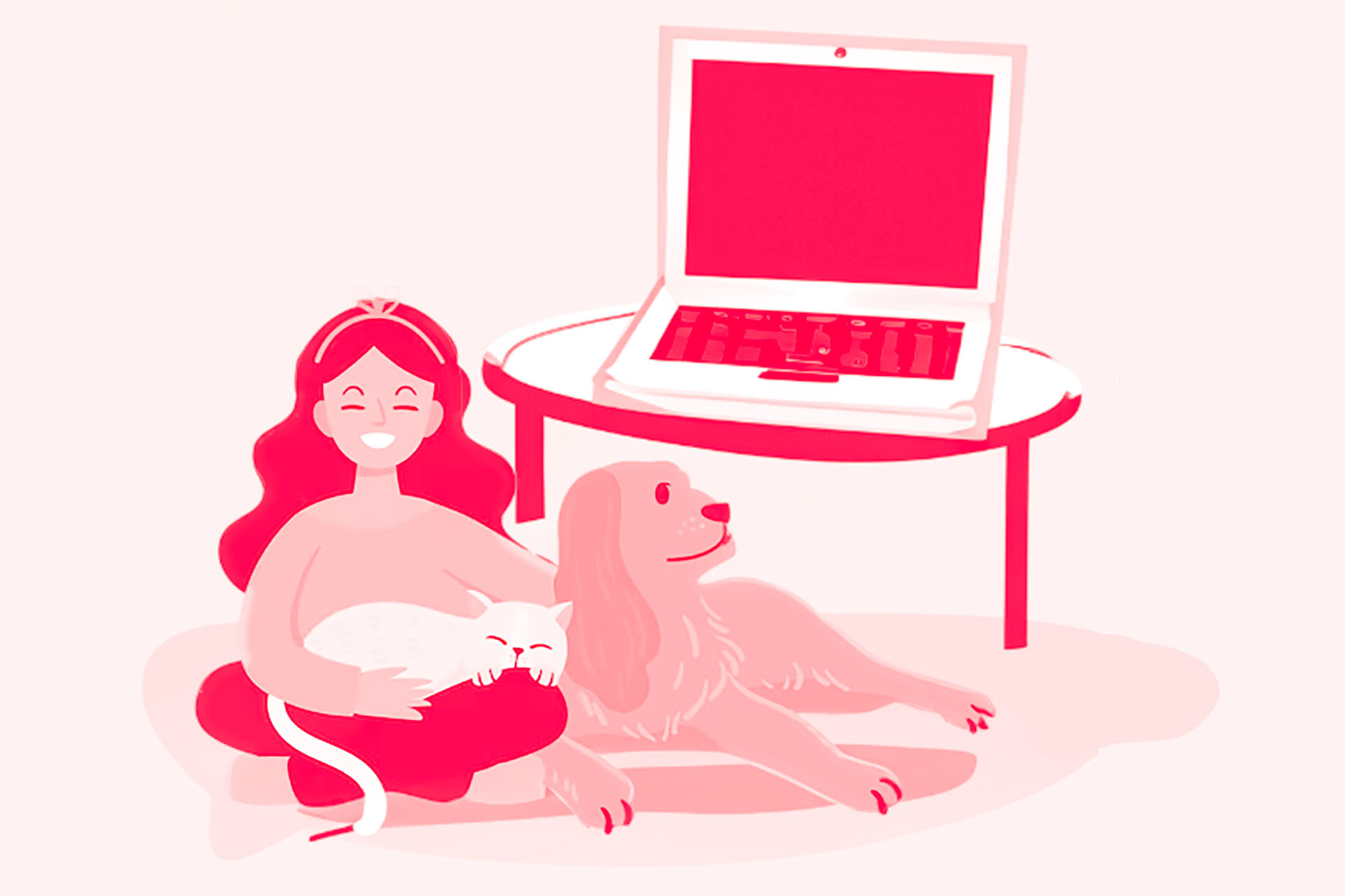 Illustration d'une nomade avec un chat et un chien faisant du Petsitting