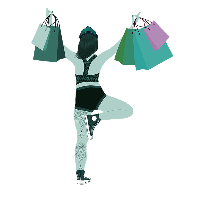 Boutique_Ashtangi Nomad Une illustration d'Ashtangi Nomad Posture de l'arbre - Yogi qui tient des sacs de shopping